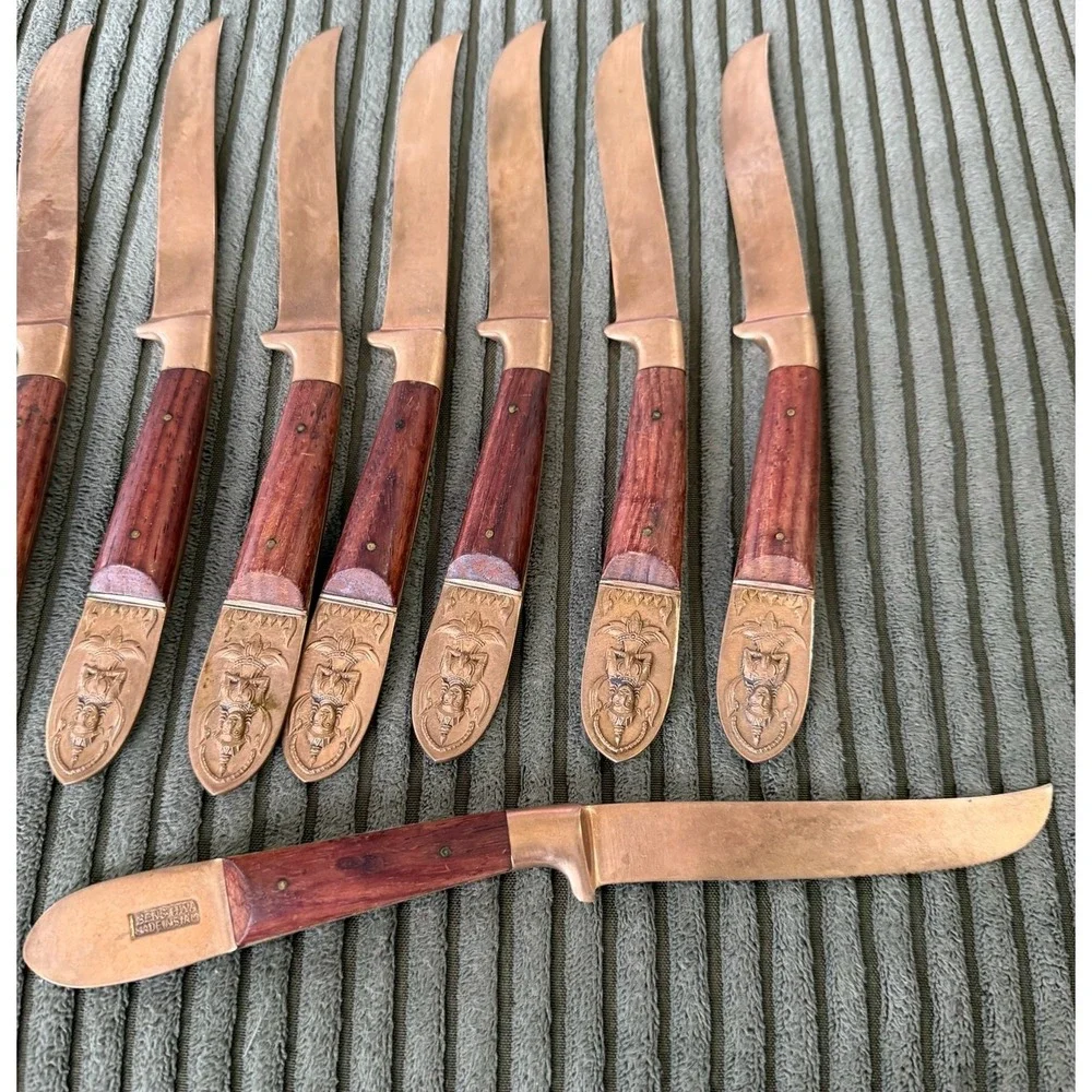 Vintage Set‎ of 8 Beng Hwa Made in Siam Brass Handle Wood Blade Steak Knives MCM